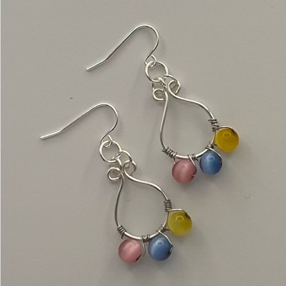 Wire Wrapped Tri-Bead Silver-tone Earrings with Sterling Silver Ear Wires